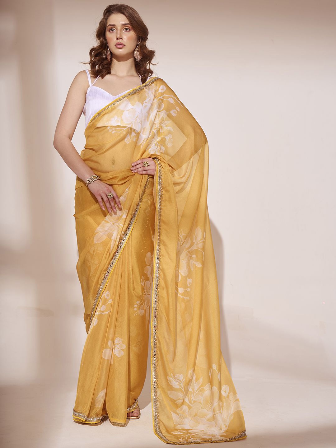

Kalista Floral Beads and Stones Organza Saree, Yellow