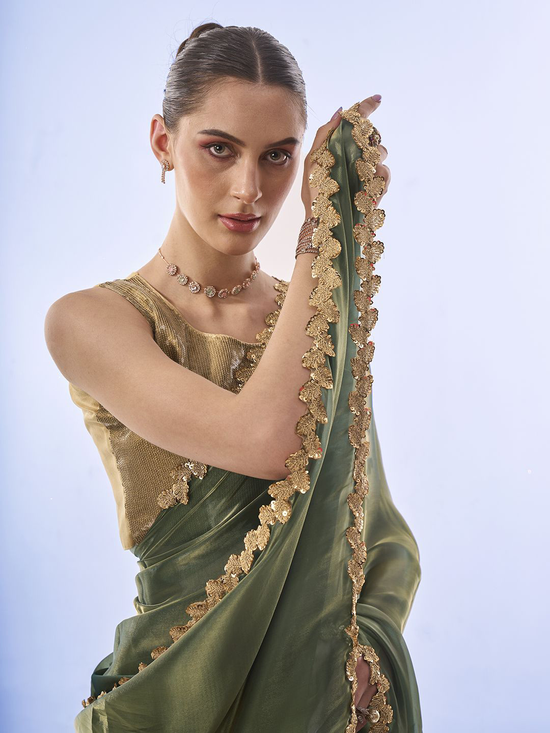 

Kalista Sequinned Organza Designer Saree, Green