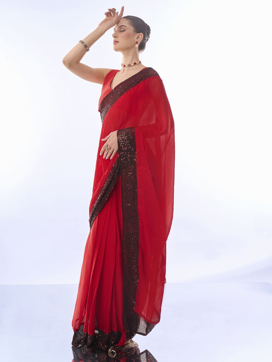 

Kalista Sequinned Pure Chiffon Saree, Red
