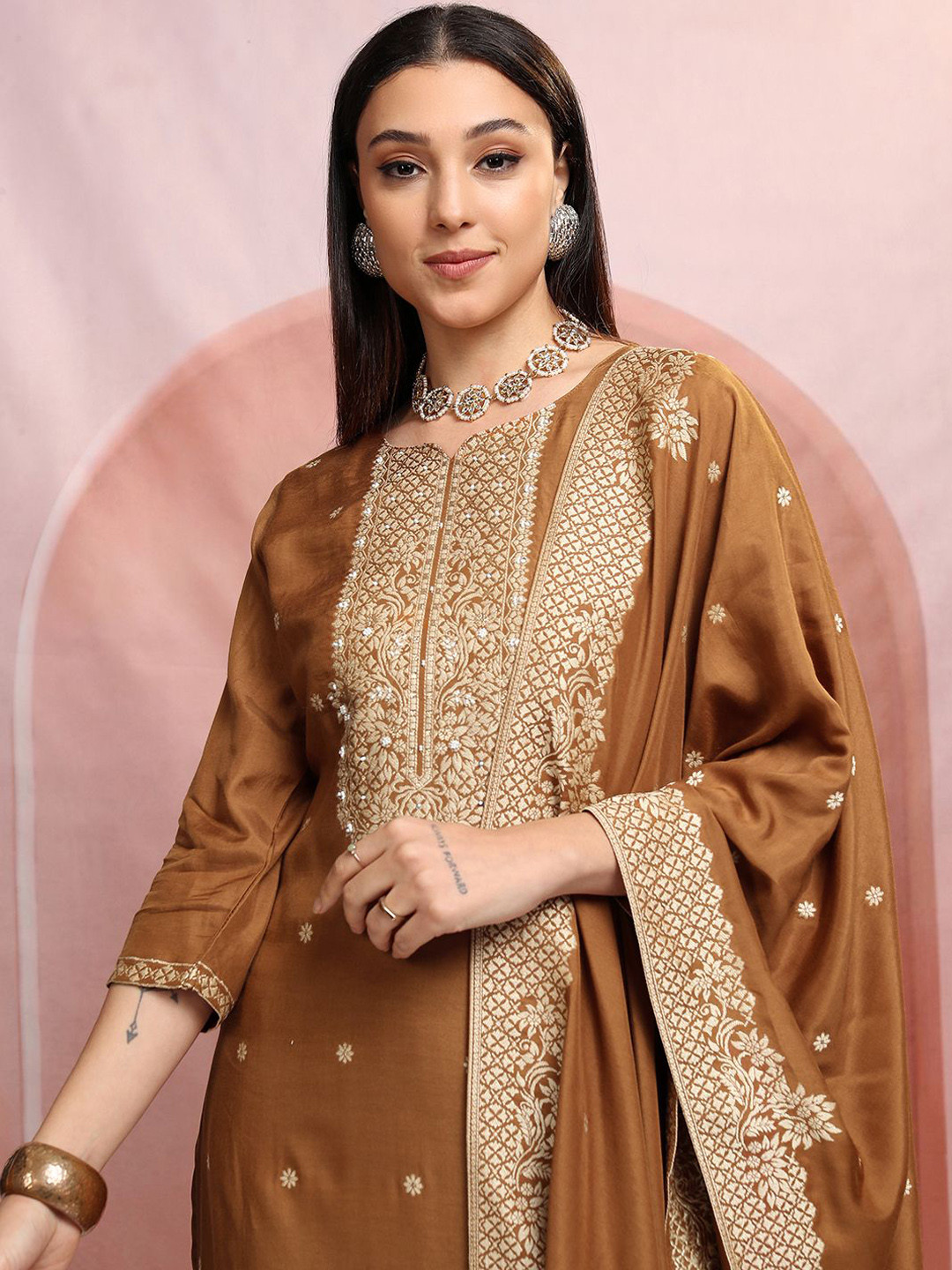 

Vishudh Brown Floral Woven Design Pure Cotton Straight Kurta with Trousers & Dupatta