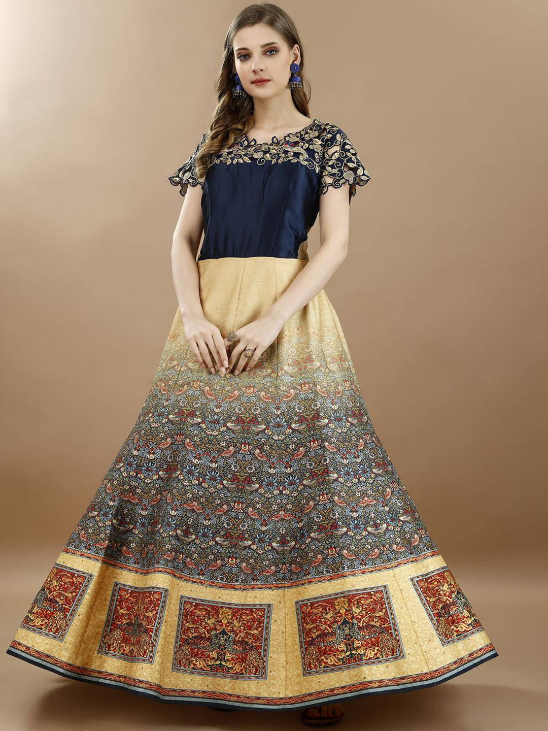 

SAPTRANGI Floral Printed Round Neck Embroidered Gown Maxi Ethnic Dress, Grey