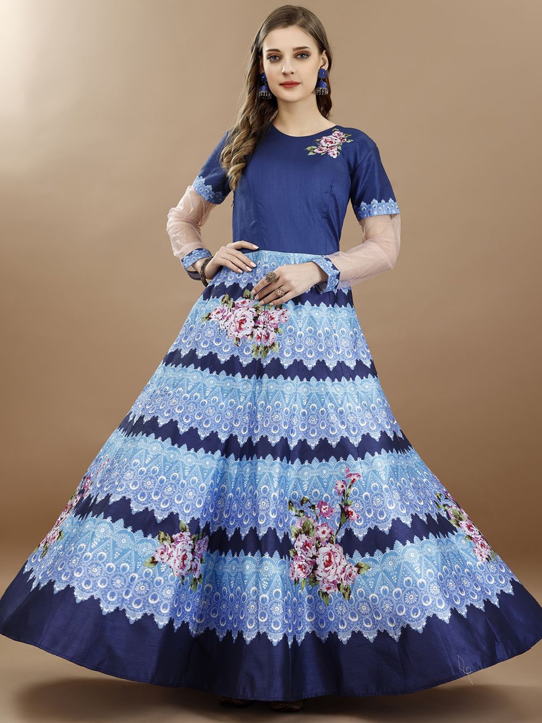 

SAPTRANGI Floral Printed Round Neck Long Sleeves Gown Maxi Ethnic Dress, Blue