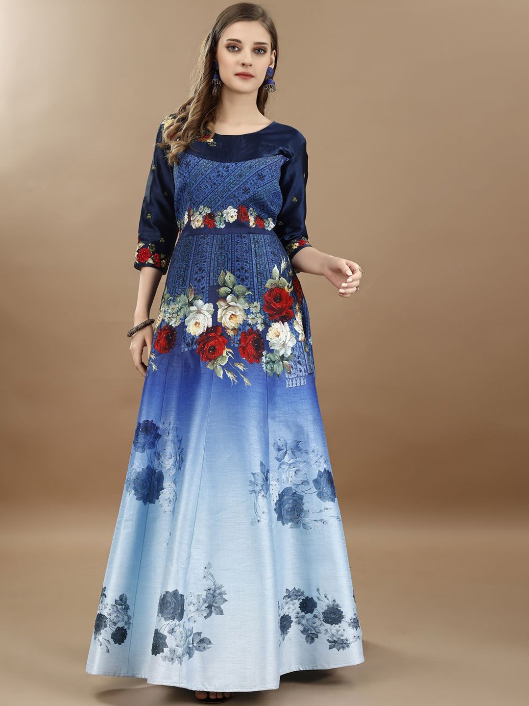 

SAPTRANGI Floral Printed Flared Gown Ethnic Dresses, Blue