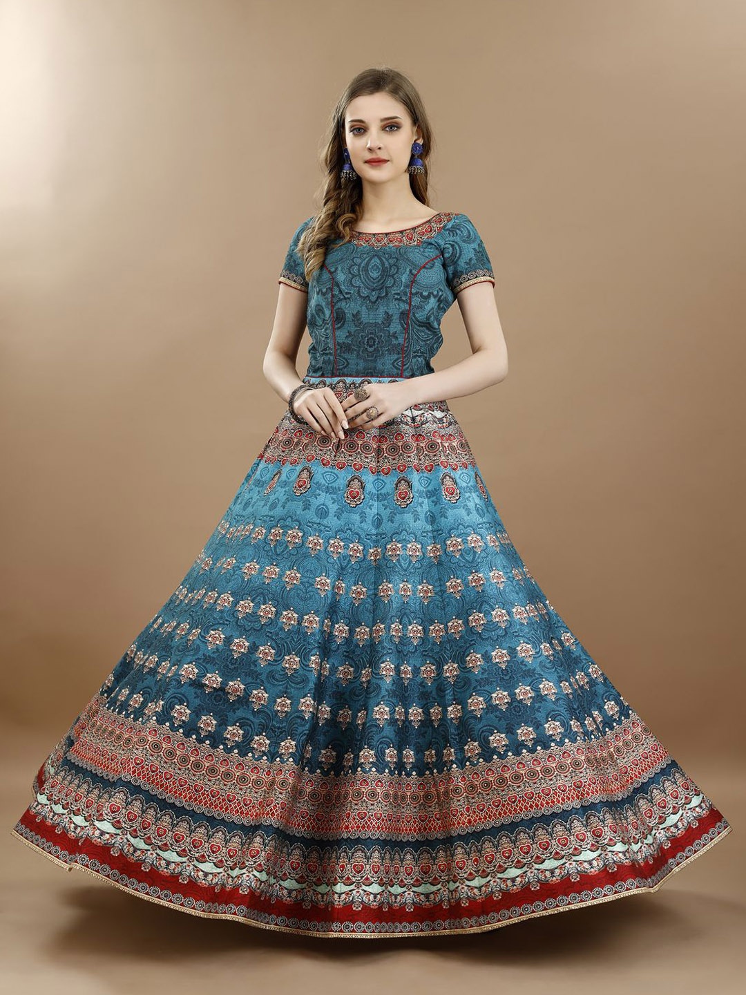 

SAPTRANGI Ethnic Motifs Printed Round Neck Gathered Gown Maxi Ethnic Dress, Blue
