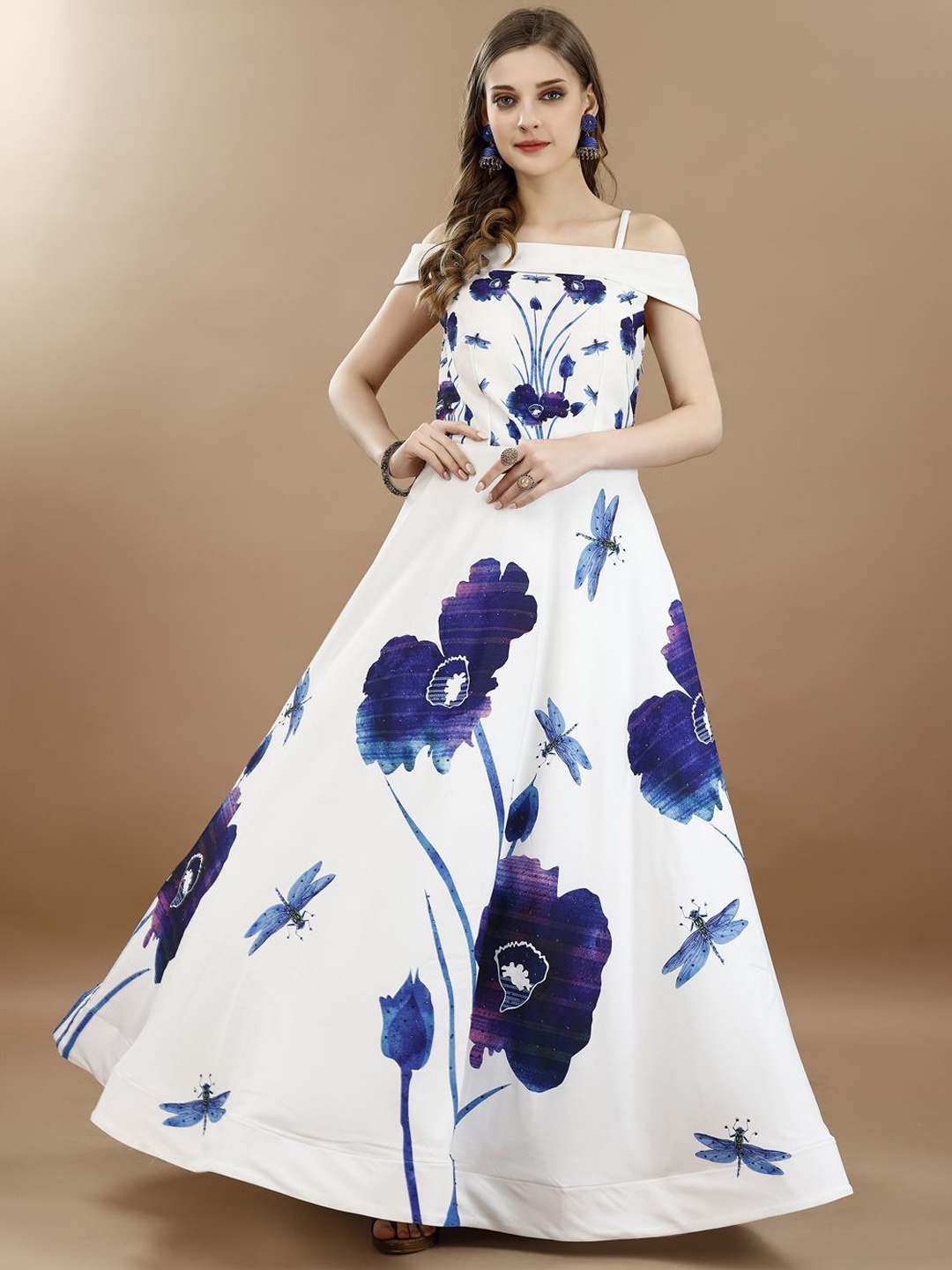 

SAPTRANGI Floral Printed Off-Shoulder Gown Maxi Ethnic Dress, White