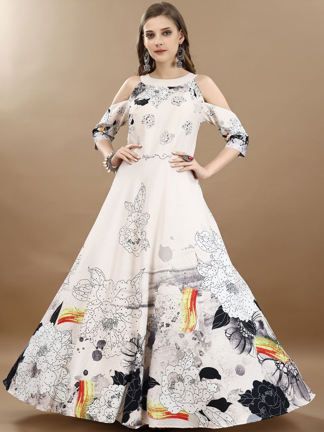 

SAPTRANGI Floral Printed Round Neck Cold-Shoulder Sleeves Gown Maxi Ethnic Dress, Peach