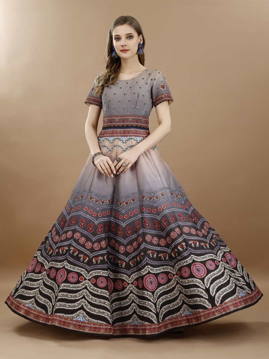 

SAPTRANGI Floral Printed Round Neck Gathered Gown Maxi Ethnic Dress, Grey