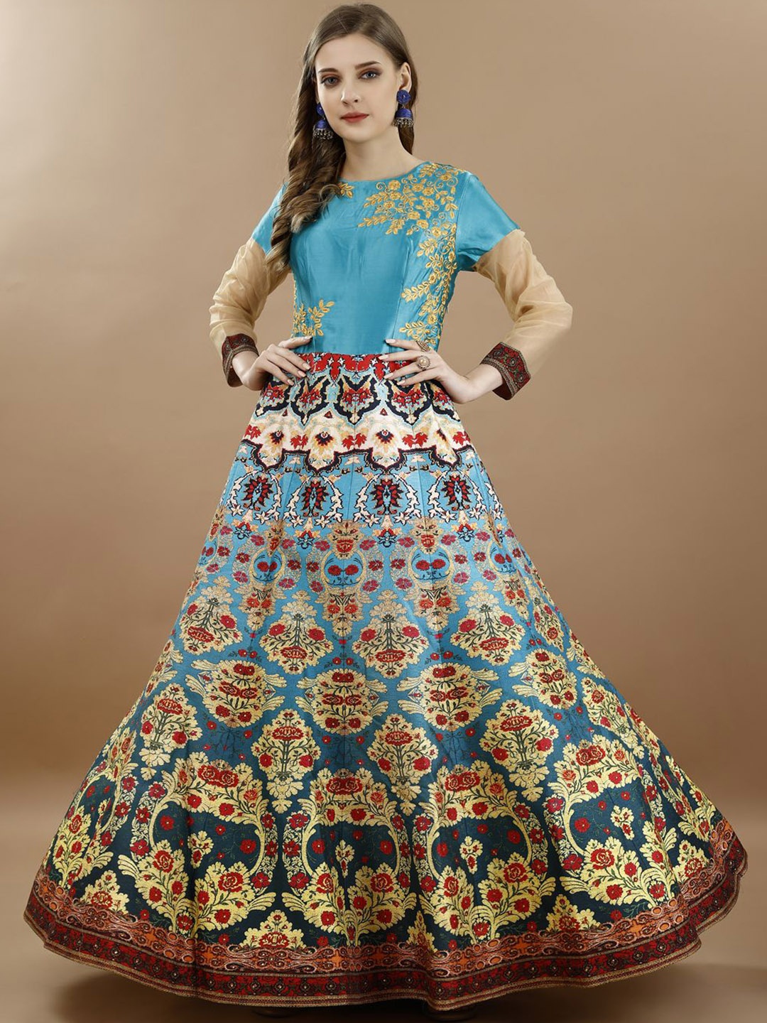 

SAPTRANGI Floral Printed Round Neck Embroidered Gown Maxi Ethnic Dress, Blue