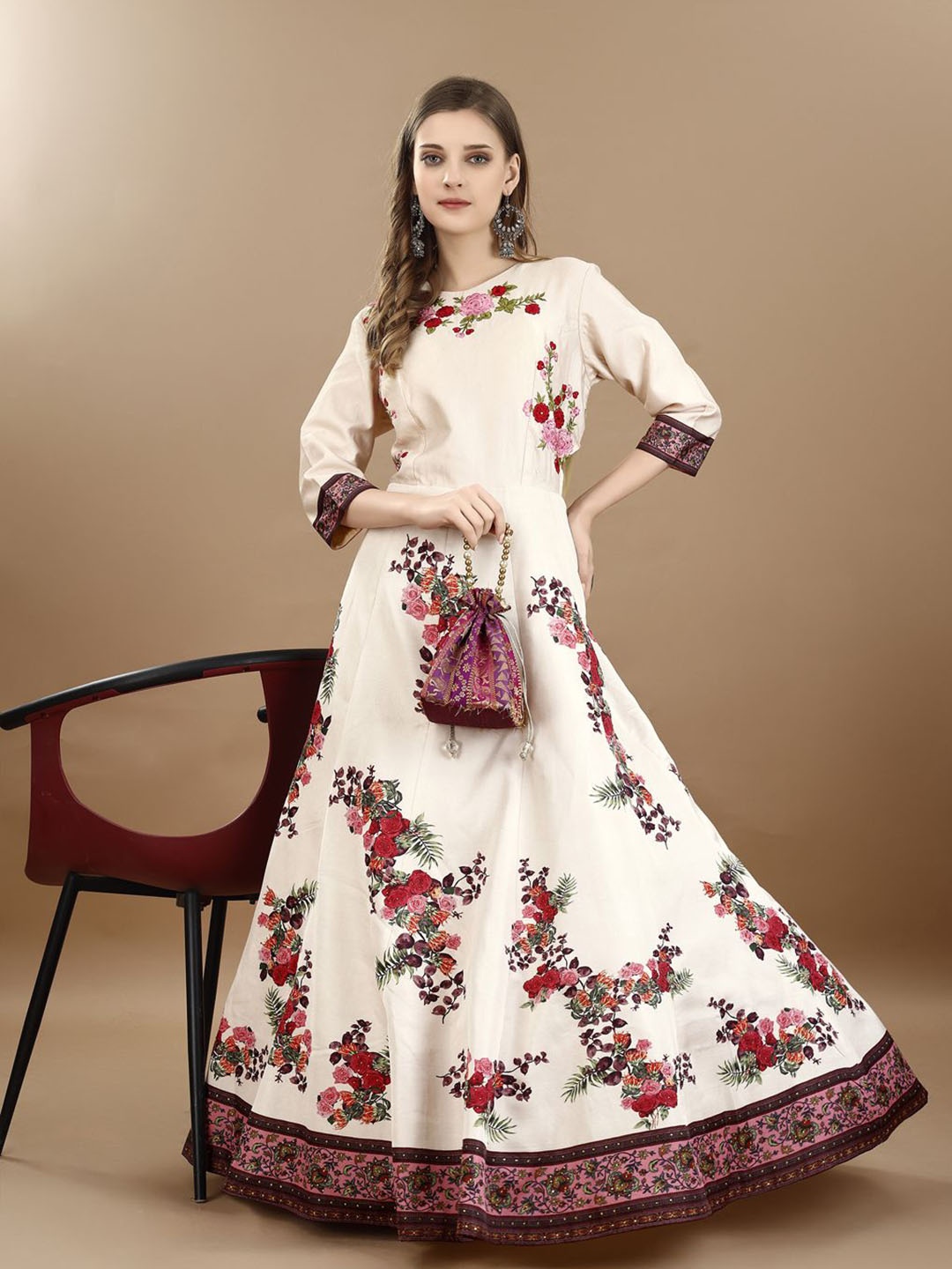 

SAPTRANGI Floral Printed Boat Neck Gown Maxi Ethnic Dress, Pink