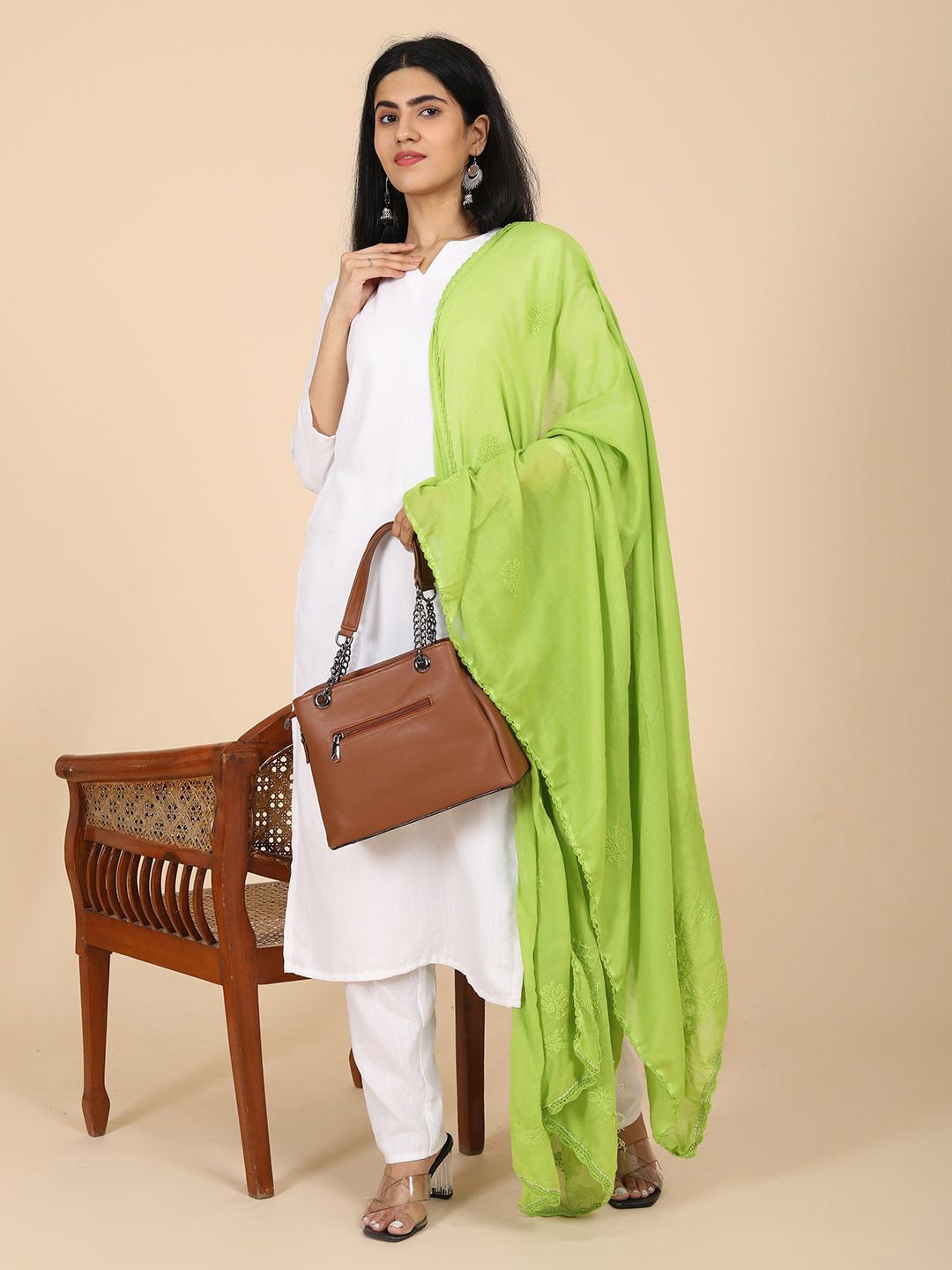 

HELLA FASHIONS Ethnic Motifs Embroidered Cotton Chikankari Dupatta, Lime green