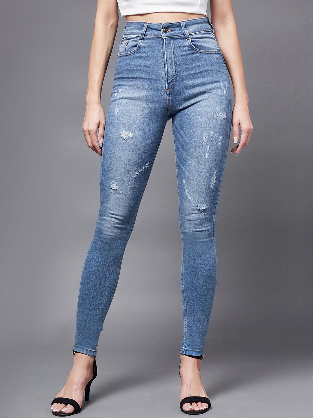 

Miss Chase Women Skinny Fit High-Rise Mildly Distressed Stretchable Jeans, Blue