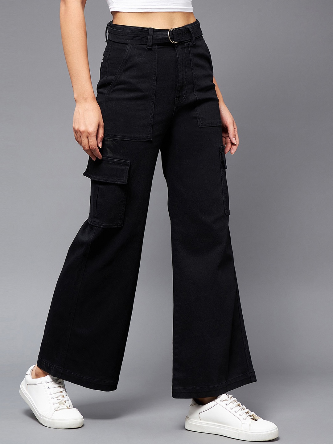 

Miss Chase Women Clean Look High-Rise Stretchable Wide Leg Jeans, Black