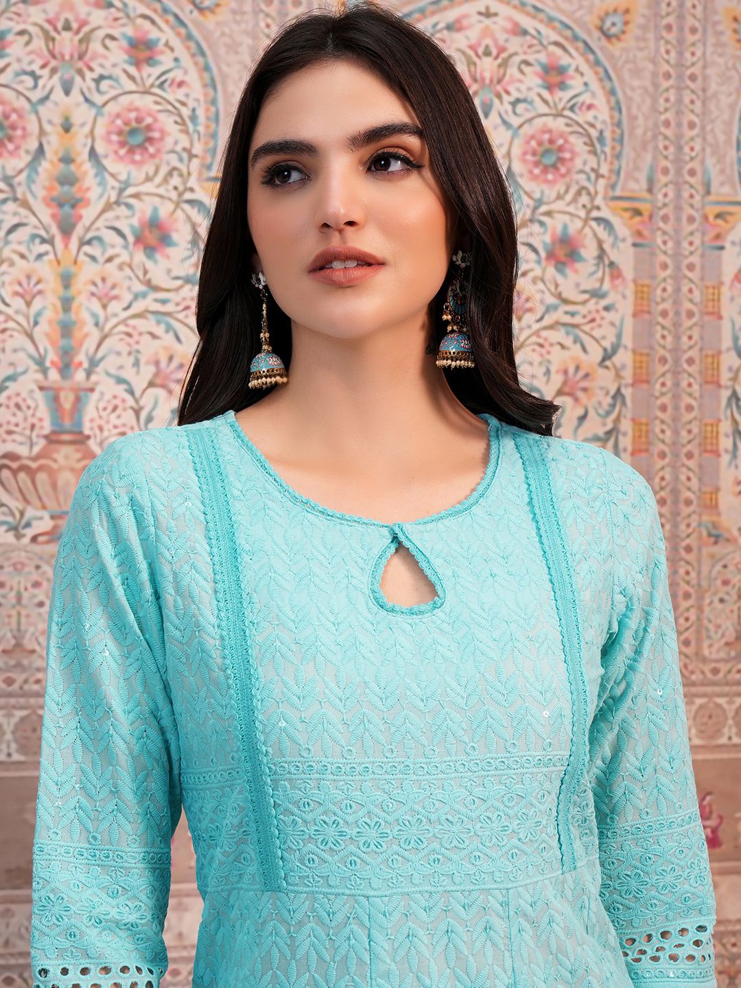 

KETCH Keyhole Neck Gotta Patti Regular Kurta with Trousers & Dupatta, Blue