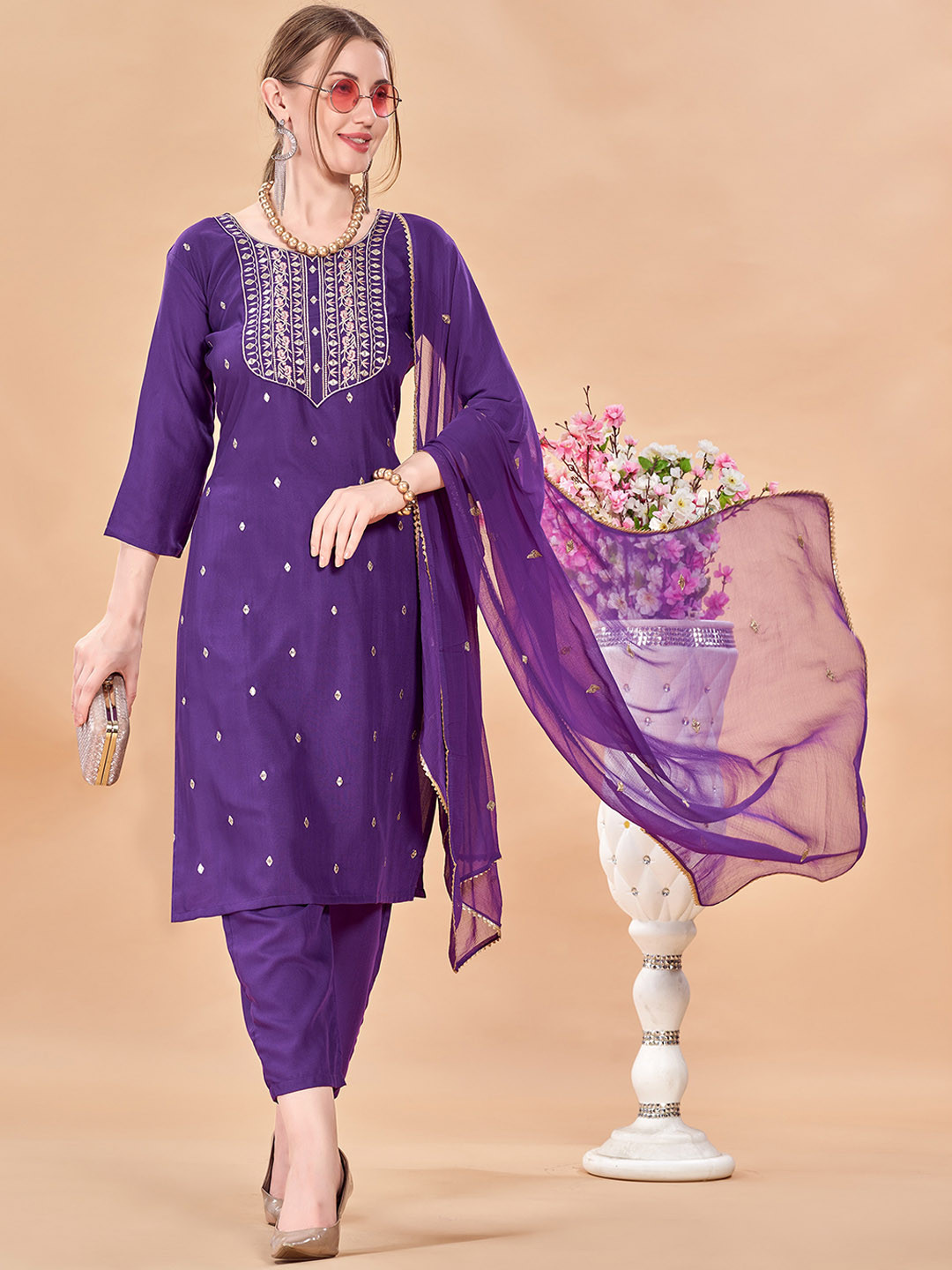 

Shree Ramkrishna Fab Ethnic Motifs Embroidered Straight Kurta With Trousers & Dupatta, Purple