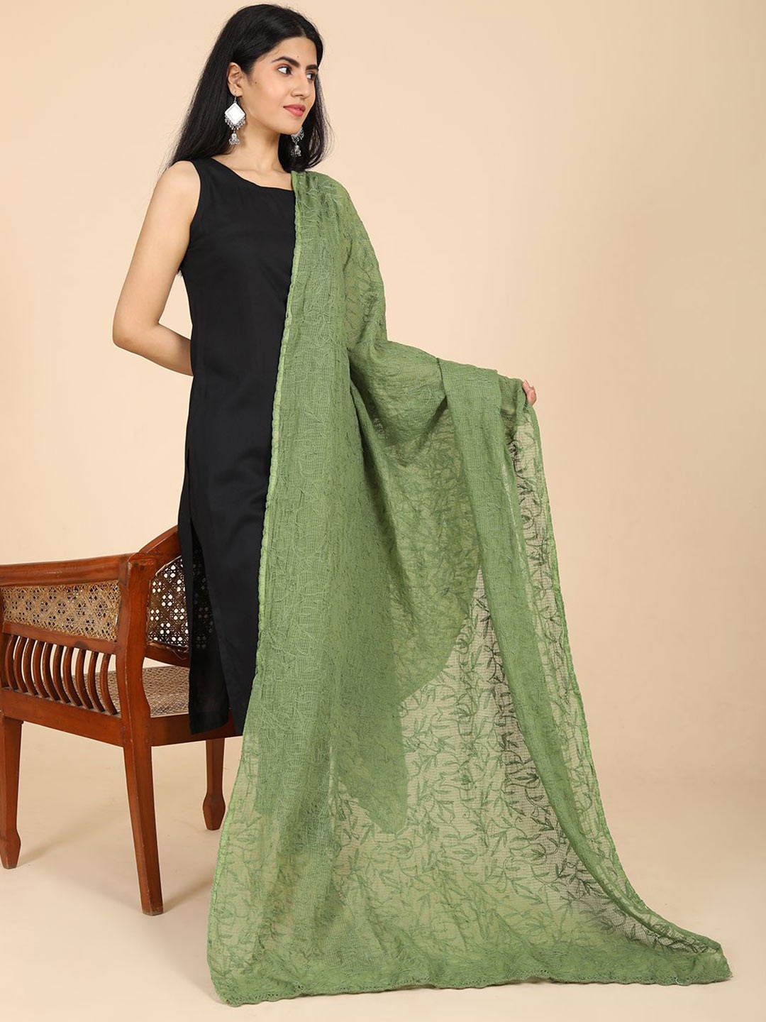 

HELLA FASHIONS Ethnic Motifs Embroidered Cotton Chikankari Dupatta, Olive