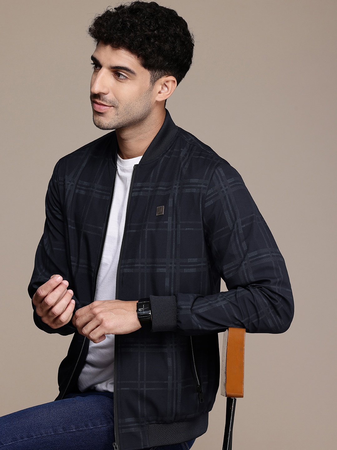 

Nautica Checked Mock Collar Bomber Jacket, Navy blue