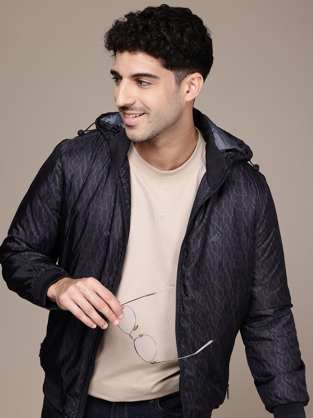 

Nautica Brand Logo Printed Hooded Padded Jacket, Navy blue