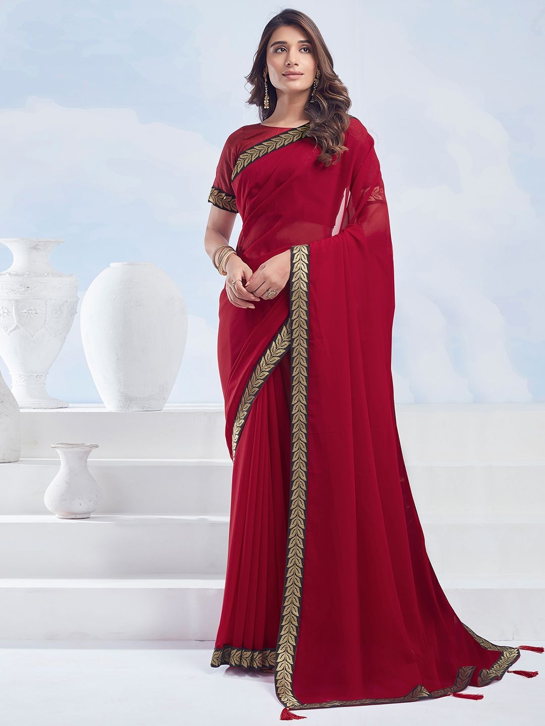 

KALINI Woven Design Pure Georgette Saree, Red