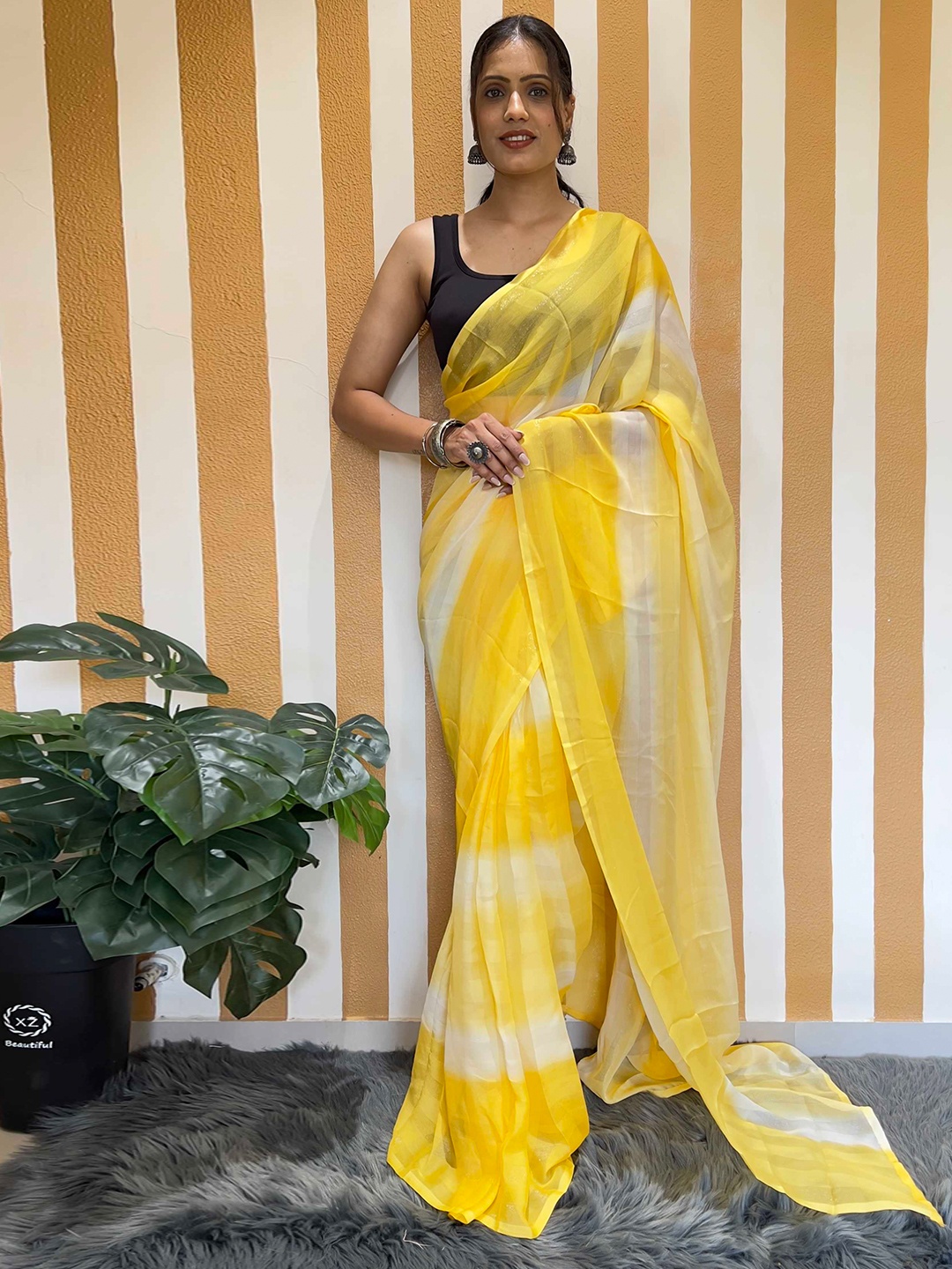 

Panzora Striped Dyed Ready to Wear Saree, Yellow