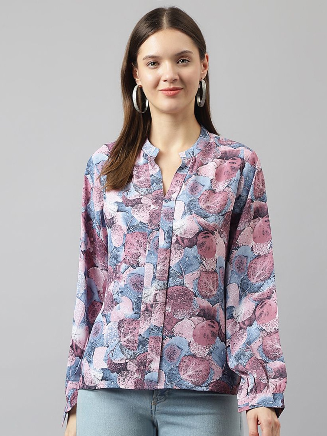 

TOOCHKI Floral Printed Mandarin Collar Regular Top, Purple