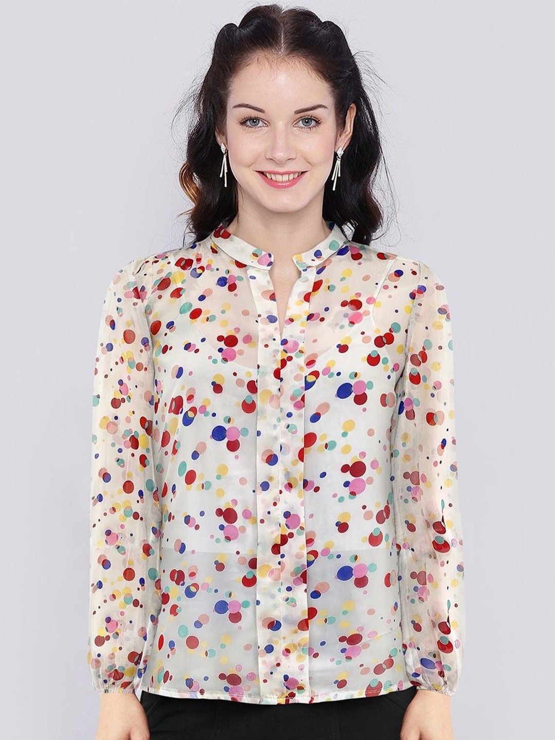 

TOOCHKI Polka Printed Mandarin Collar Georgette Shirt Style Top, Off white