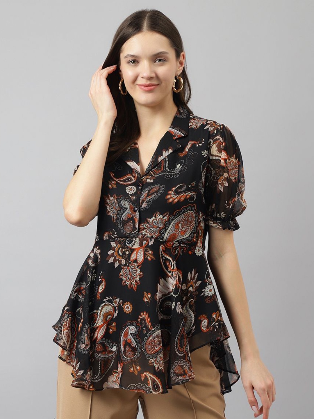 

TOOCHKI Paisley Printed Puff Sleeve Georgette High-Low Top, Black