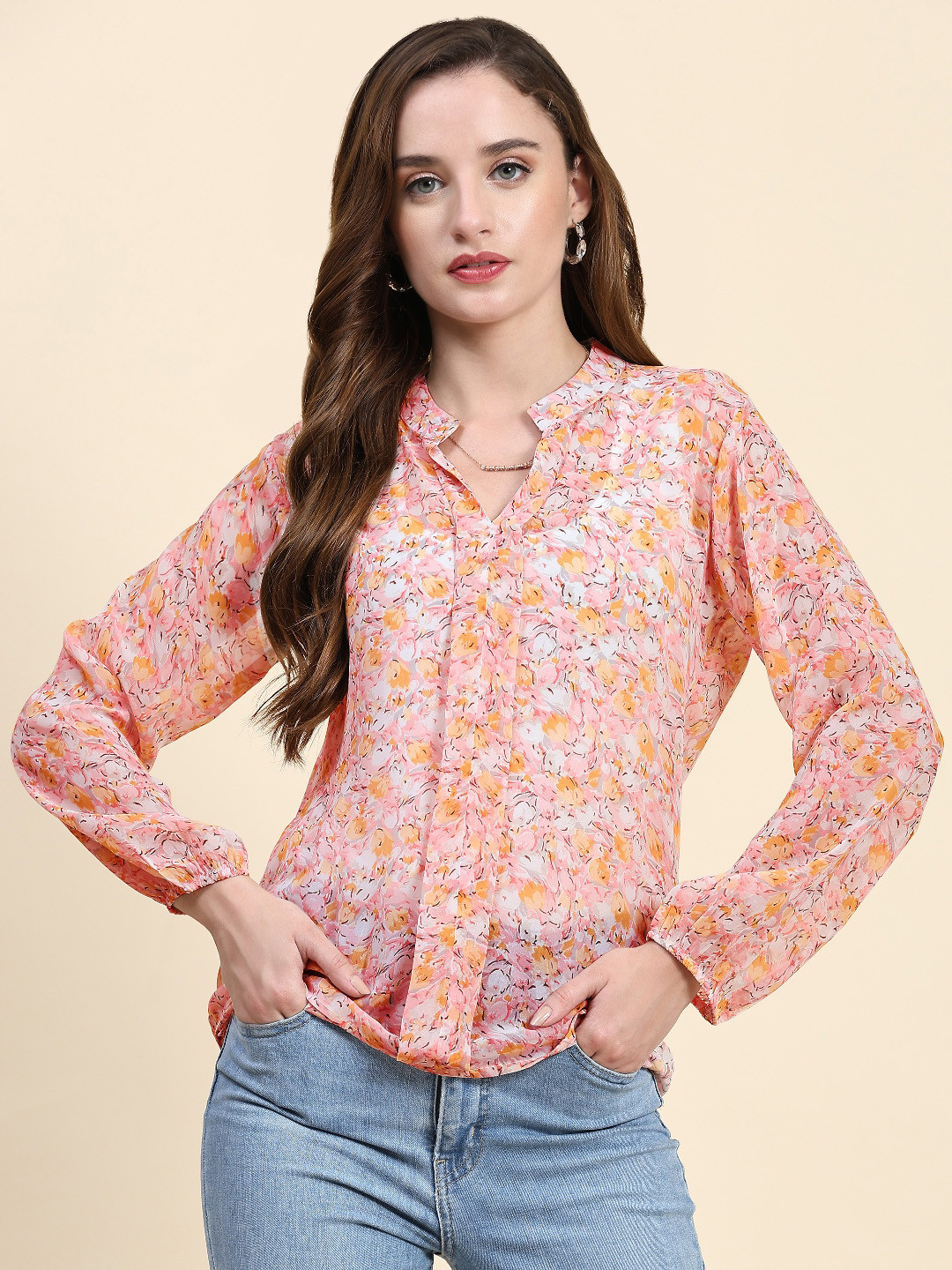 

TOOCHKI Floral Print Puff Sleeve Georgette Cinched Waist Top, Peach
