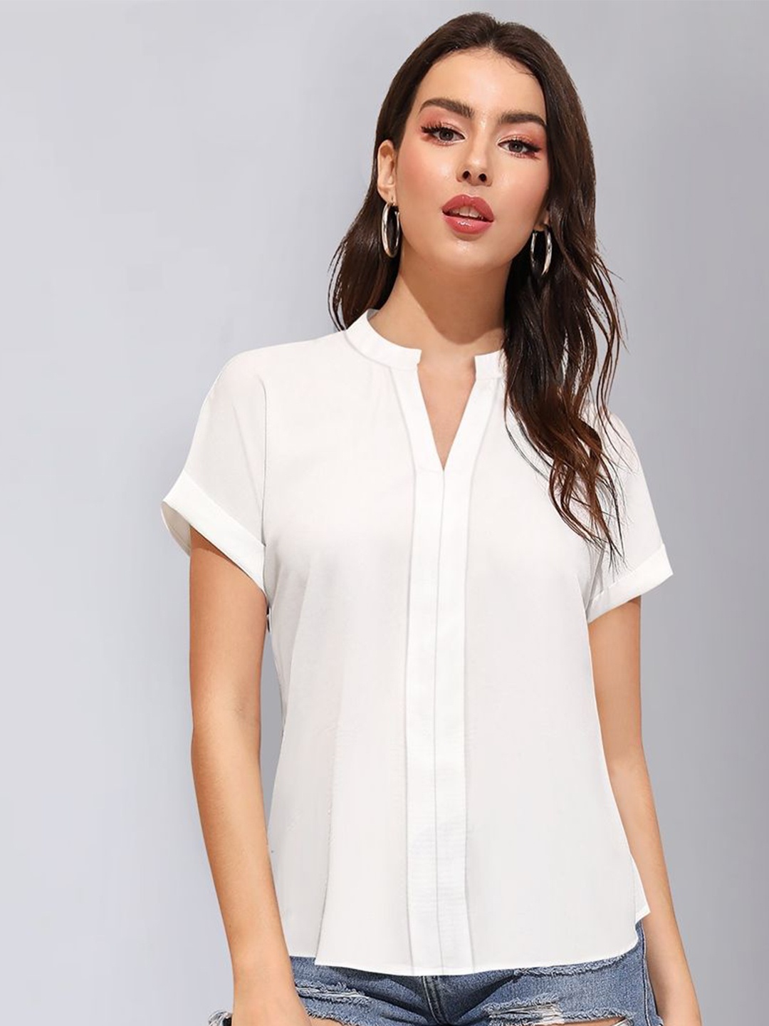 

TOOCHKI Mandarin Collar Extended Sleeves Shirt Style Top, White