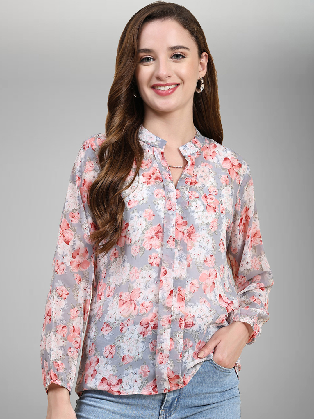 

TOOCHKI Floral Print Mandarin Collar Georgette Top, Grey
