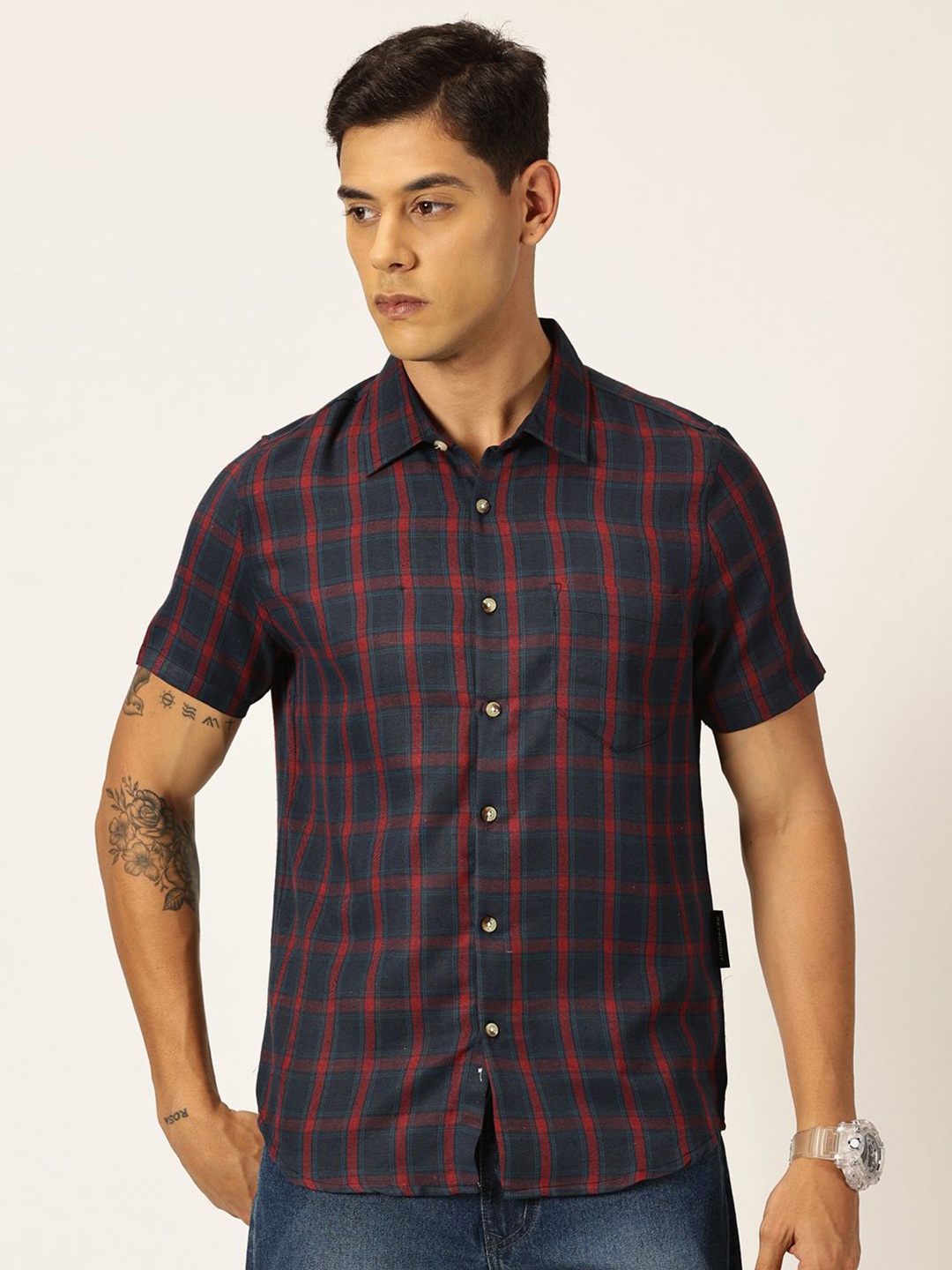 

Metronaut Premium Slim Fit Tartan Checks Twill Casual Shirt, Navy blue