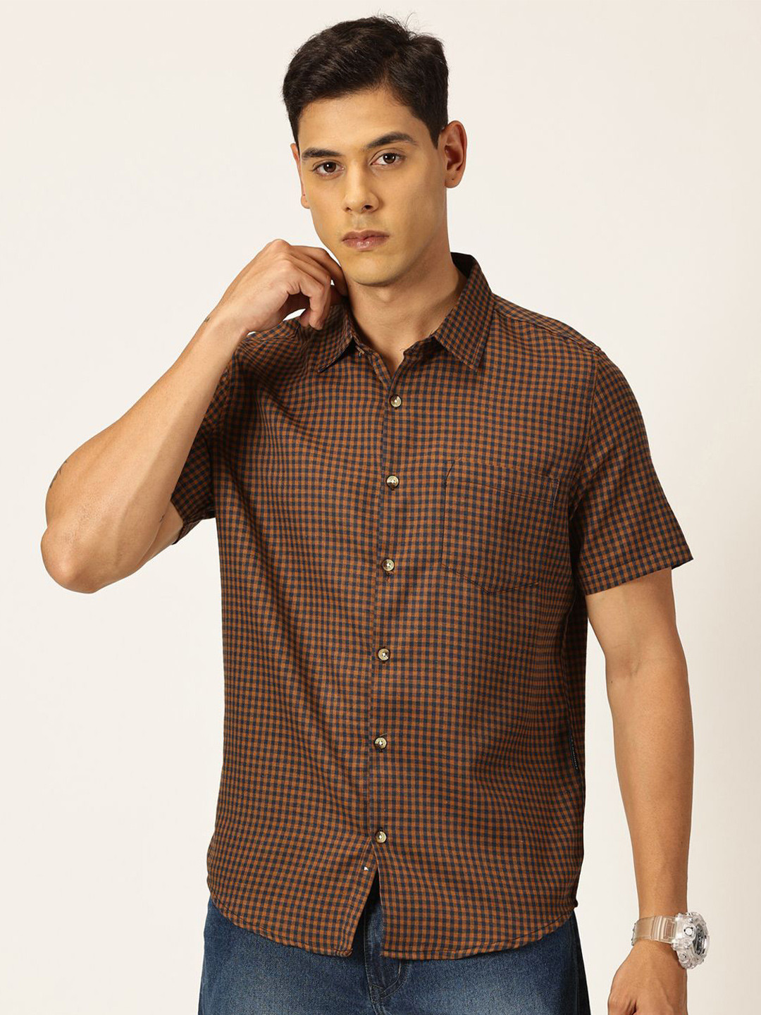 

Metronaut Premium Slim Fit Checked Spread Collar Twill Weave Casual Shirt, Brown