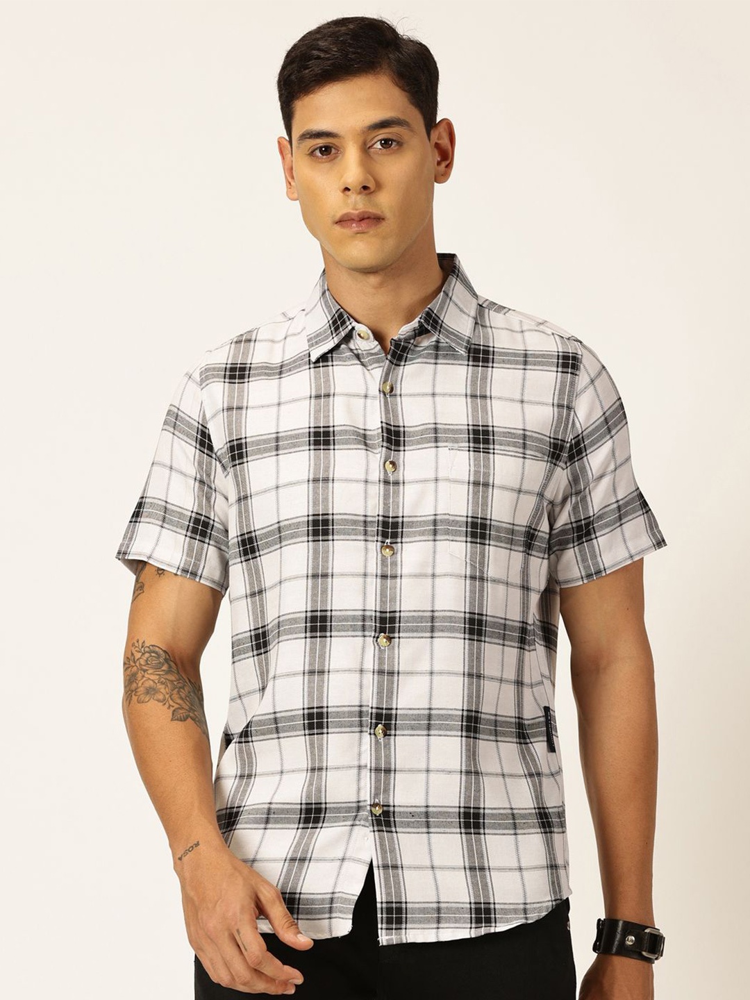 

Metronaut Premium Slim Fit Tartan Checked Spread Collar Twill Weave Casual Shirt, White