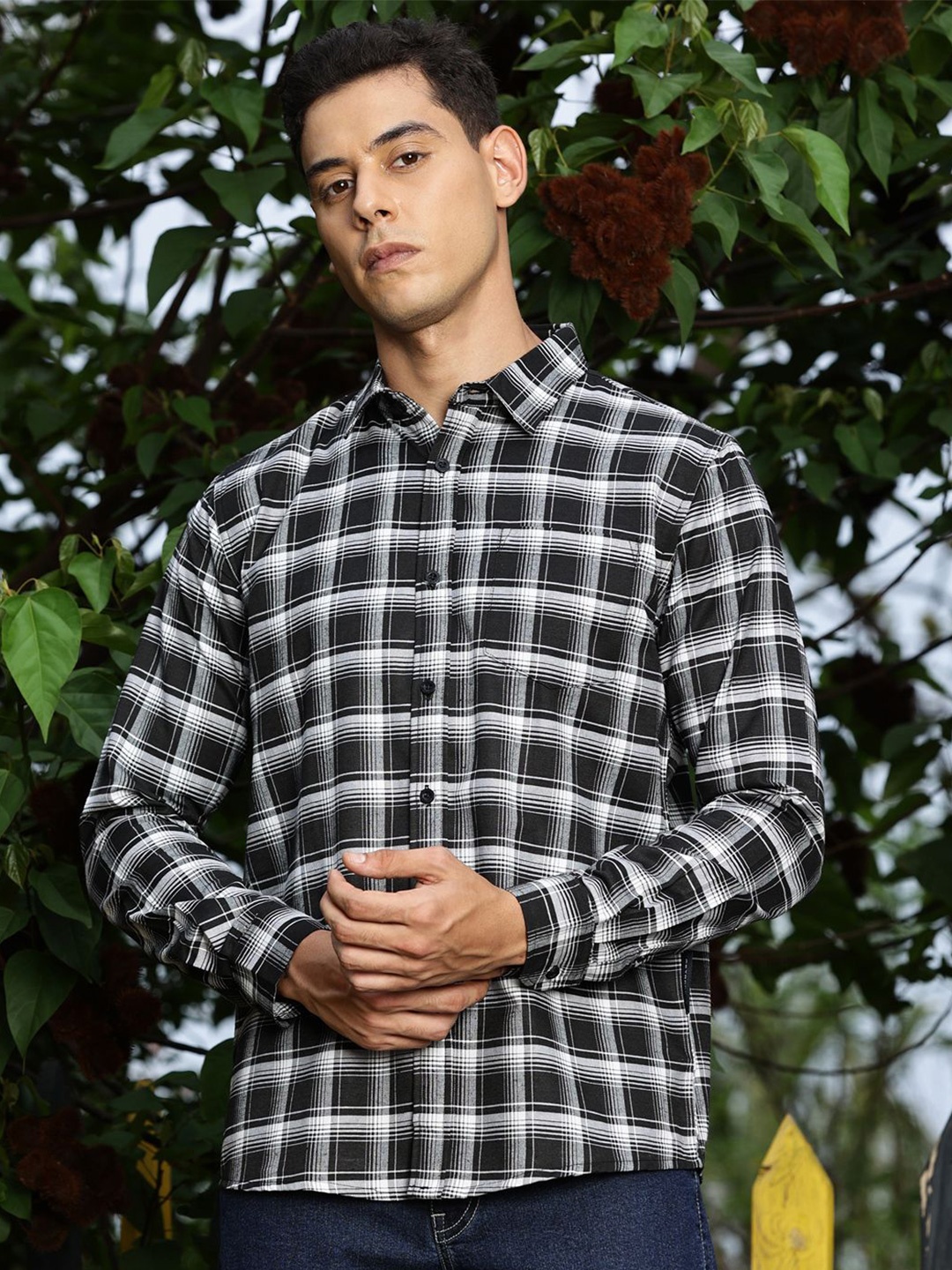 

Metronaut Premium Slim Fit Tartan Checked Spread Collar Twill Weave Casual Shirt, Black