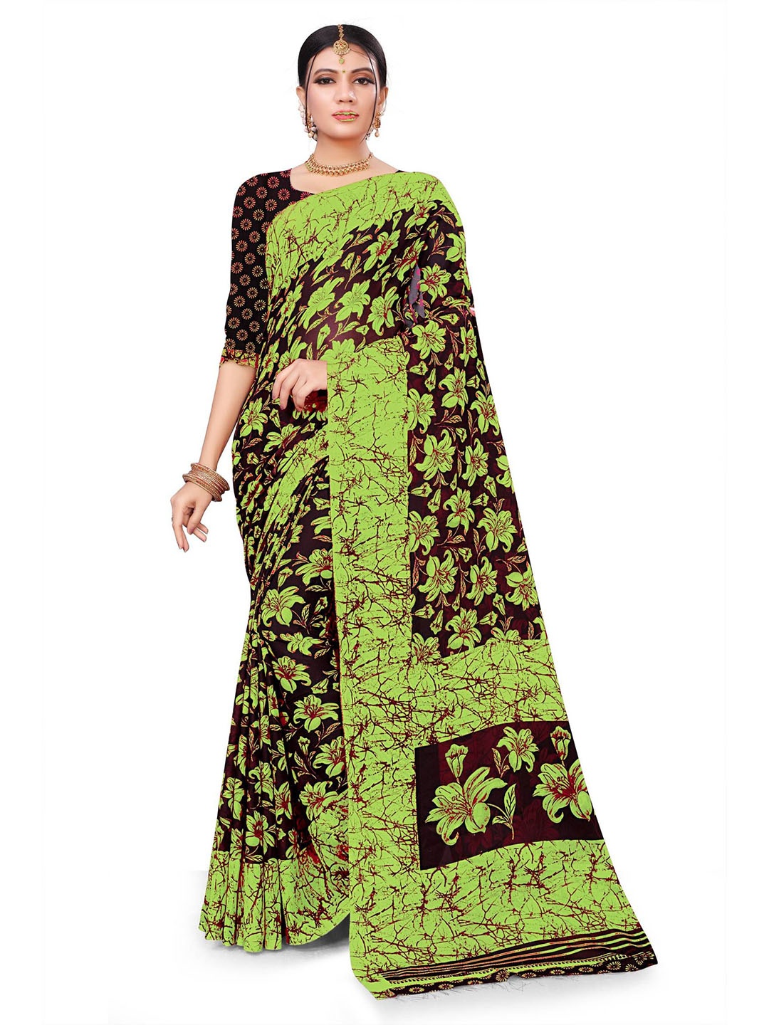 

RUNAYA NX Floral Pure Georgette Saree, Green