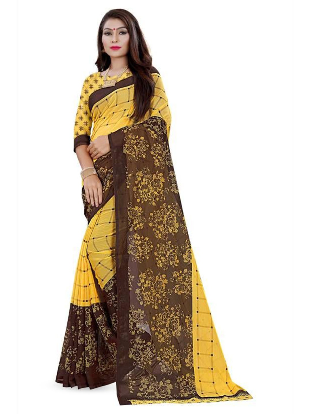 

RUNAYA NX Checked Pure Georgette Saree, Yellow