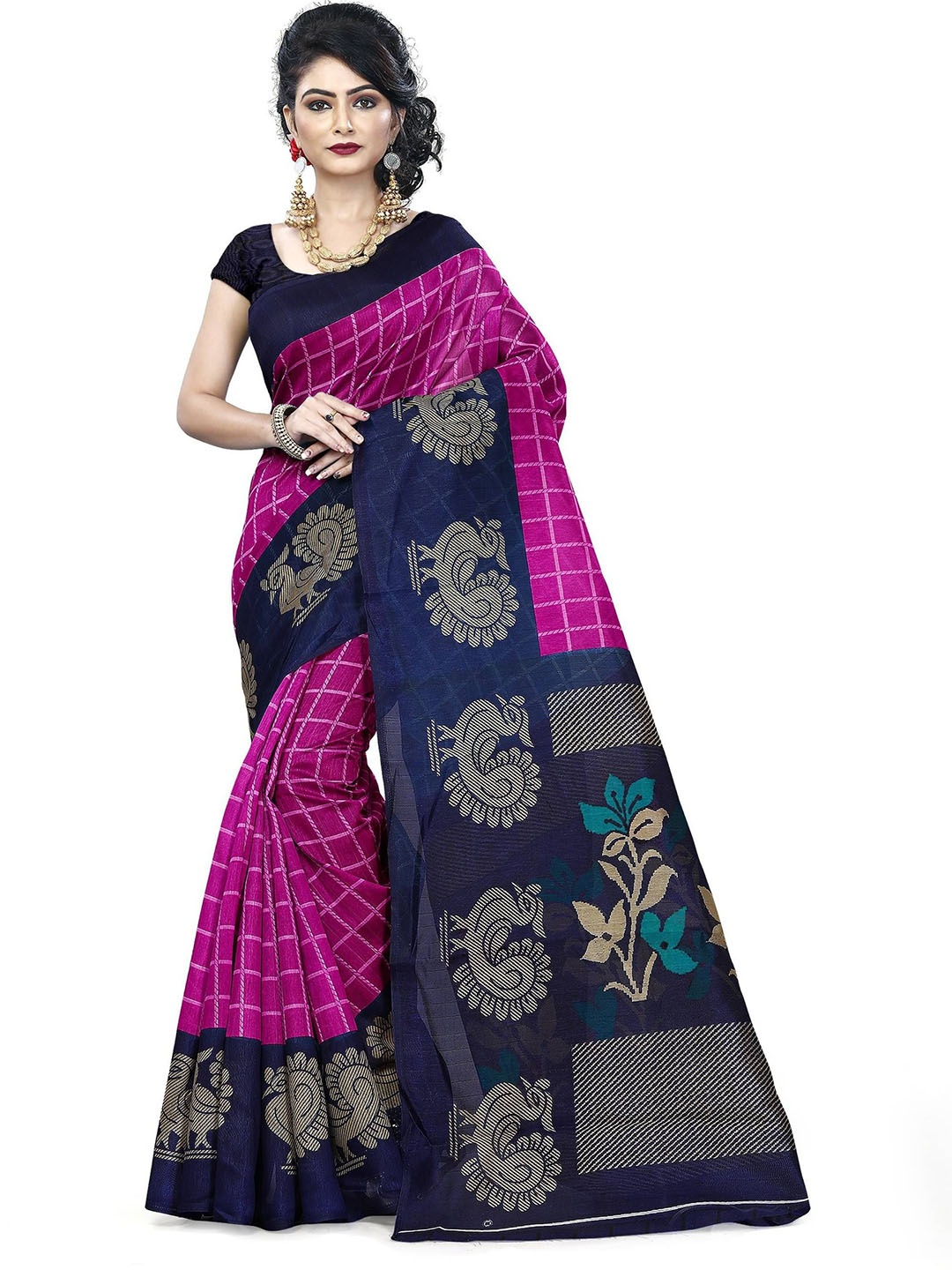 

RUNAYA NX Bhagalpuri Checked Saree, Pink