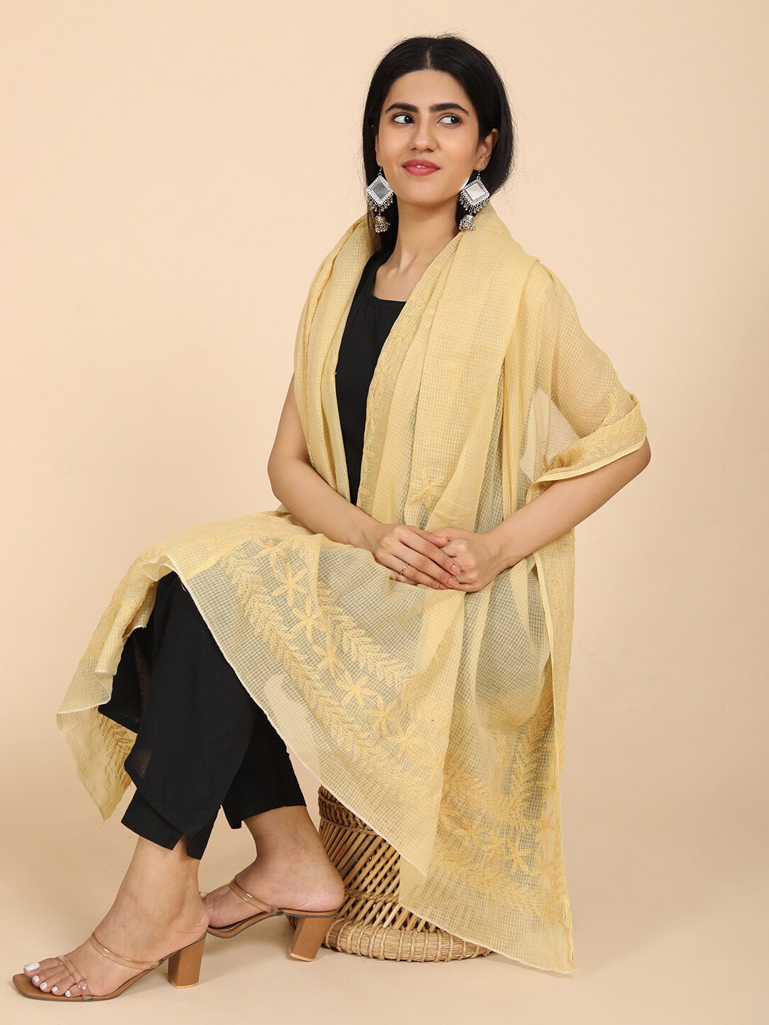 

HELLA FASHIONS Ethnic Motifs Embroidered Cotton Chikankari Dupatta, Beige