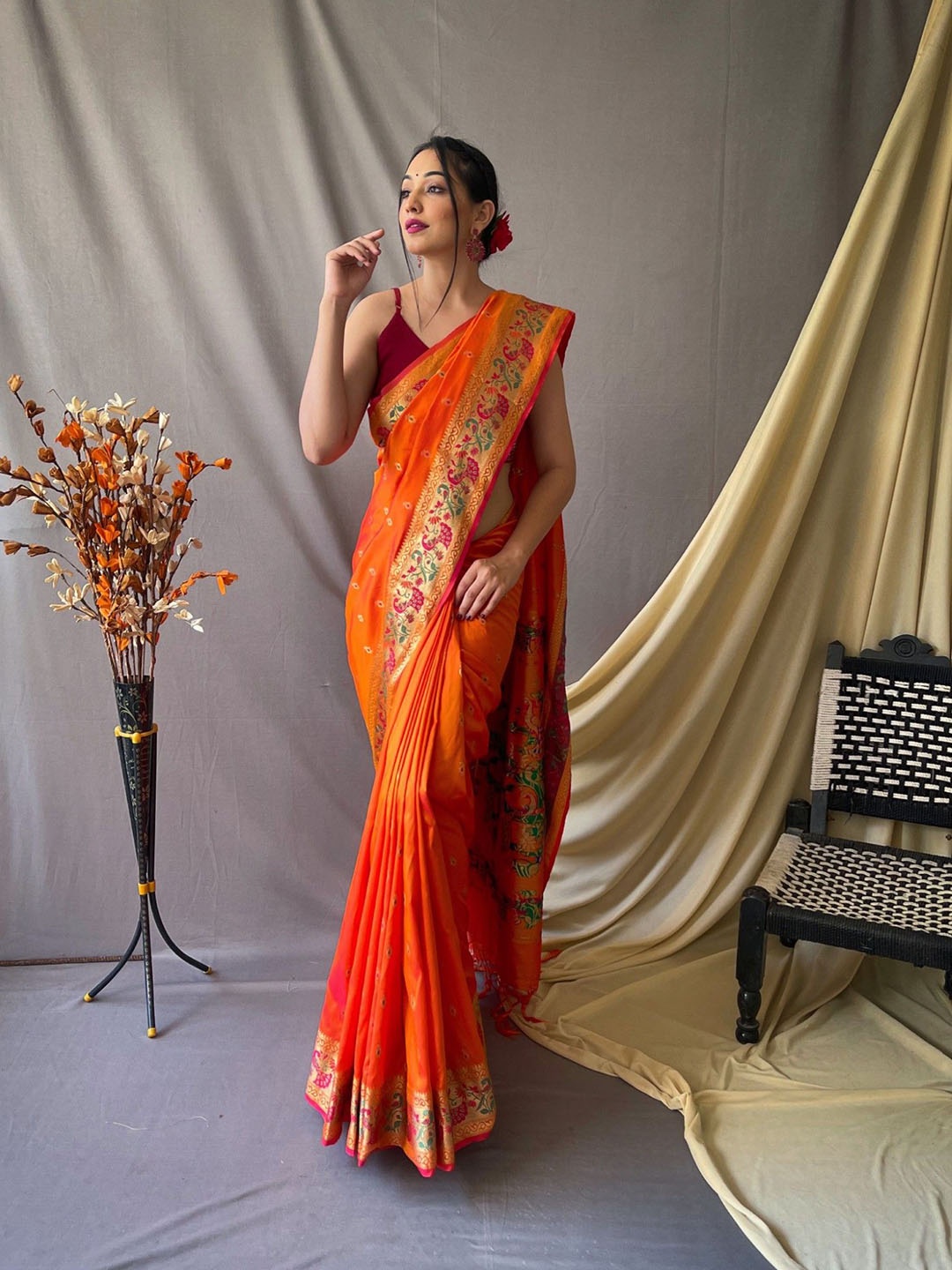 

Panzora Woven Design Zari Paithani Saree, Orange