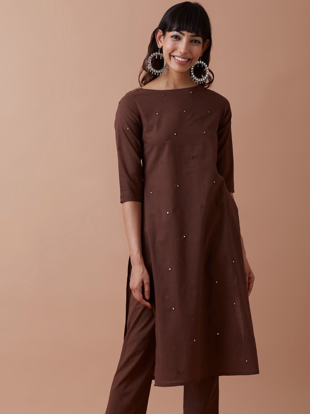 

OKHAI Boat Neck Regular Mirror Work Pure Cotton Straight Kurta With Trousers, Brown