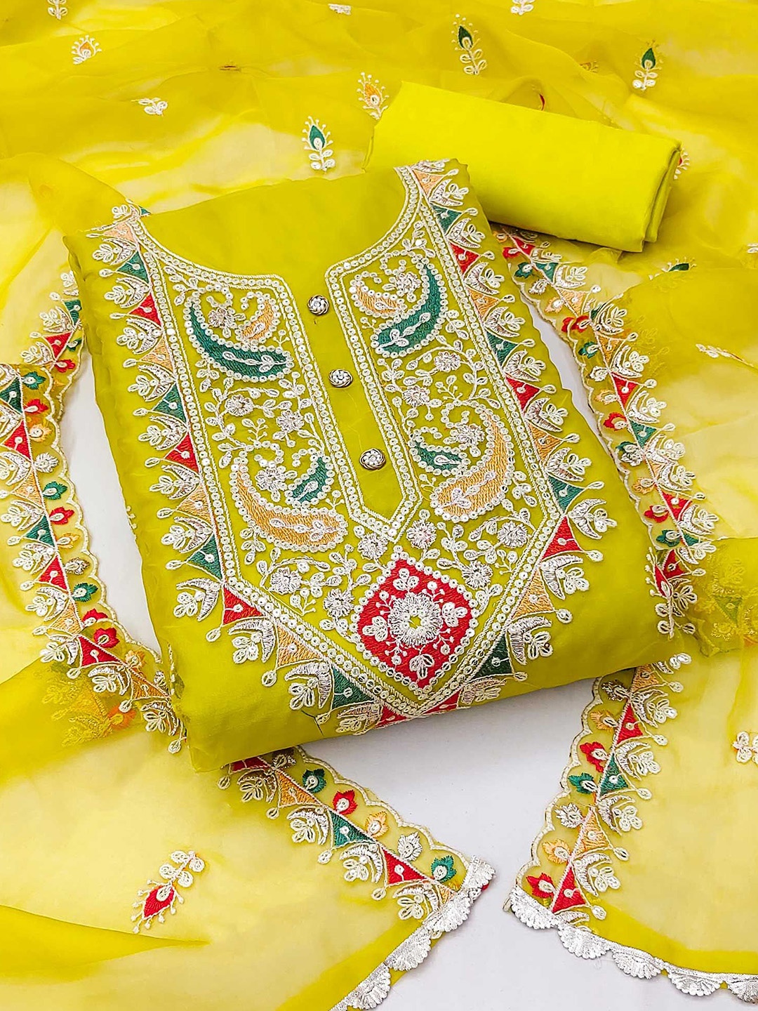 

Peachmode Embroidered Organza Unstitched Dress Material, Yellow