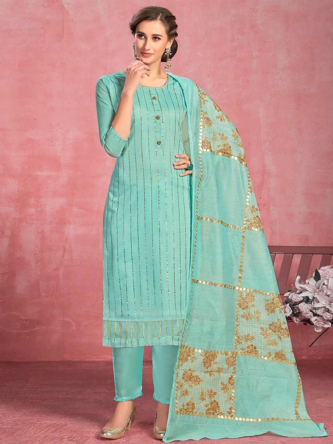 

Peachmode Striped Embroidered Pure Cotton Unstitched Dress Material, Turquoise blue
