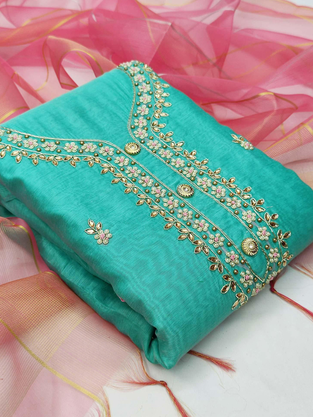 

Peachmode Embroidered Unstitched Dress Material, Blue