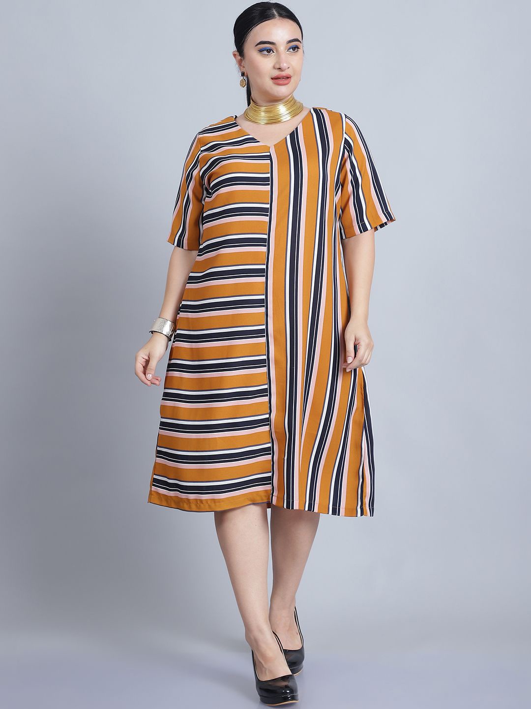 

Baawri Striped V-Neck Short Sleeves A-Line Midi Dress, Mustard