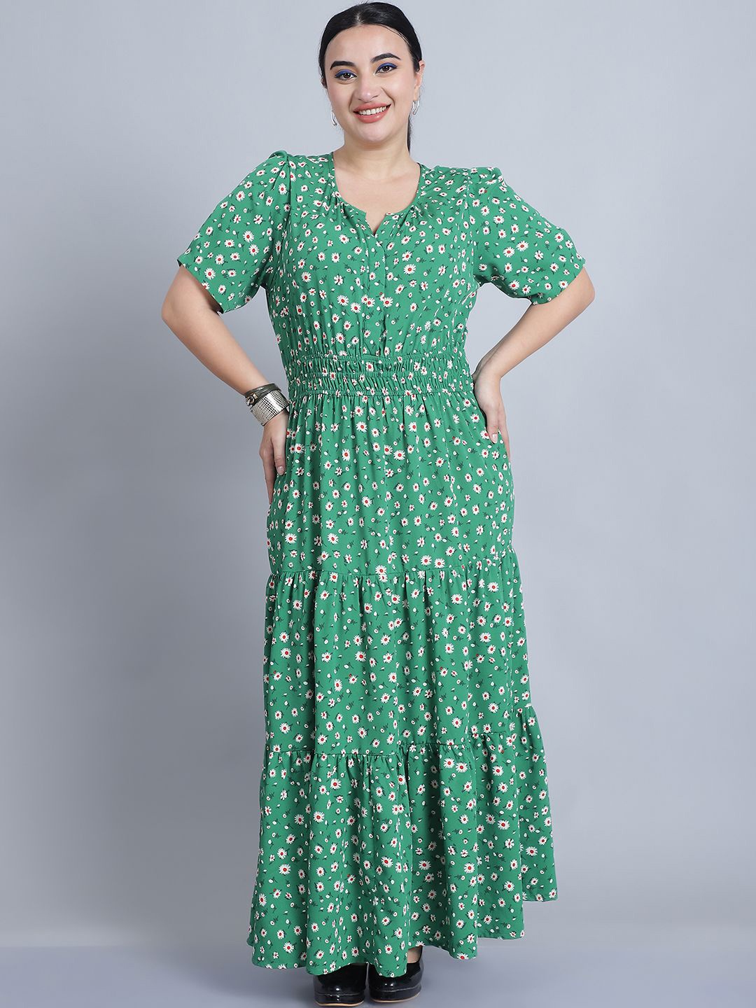 

Baawri Puff Sleeve Round Neck Floral Maxi Dress, Green