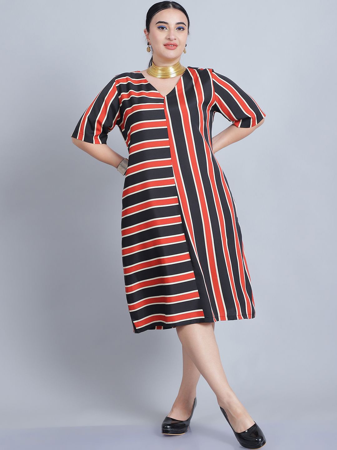 

Baawri Striped Short Sleeves Knee Length Crepe A-Line Dress, Rust