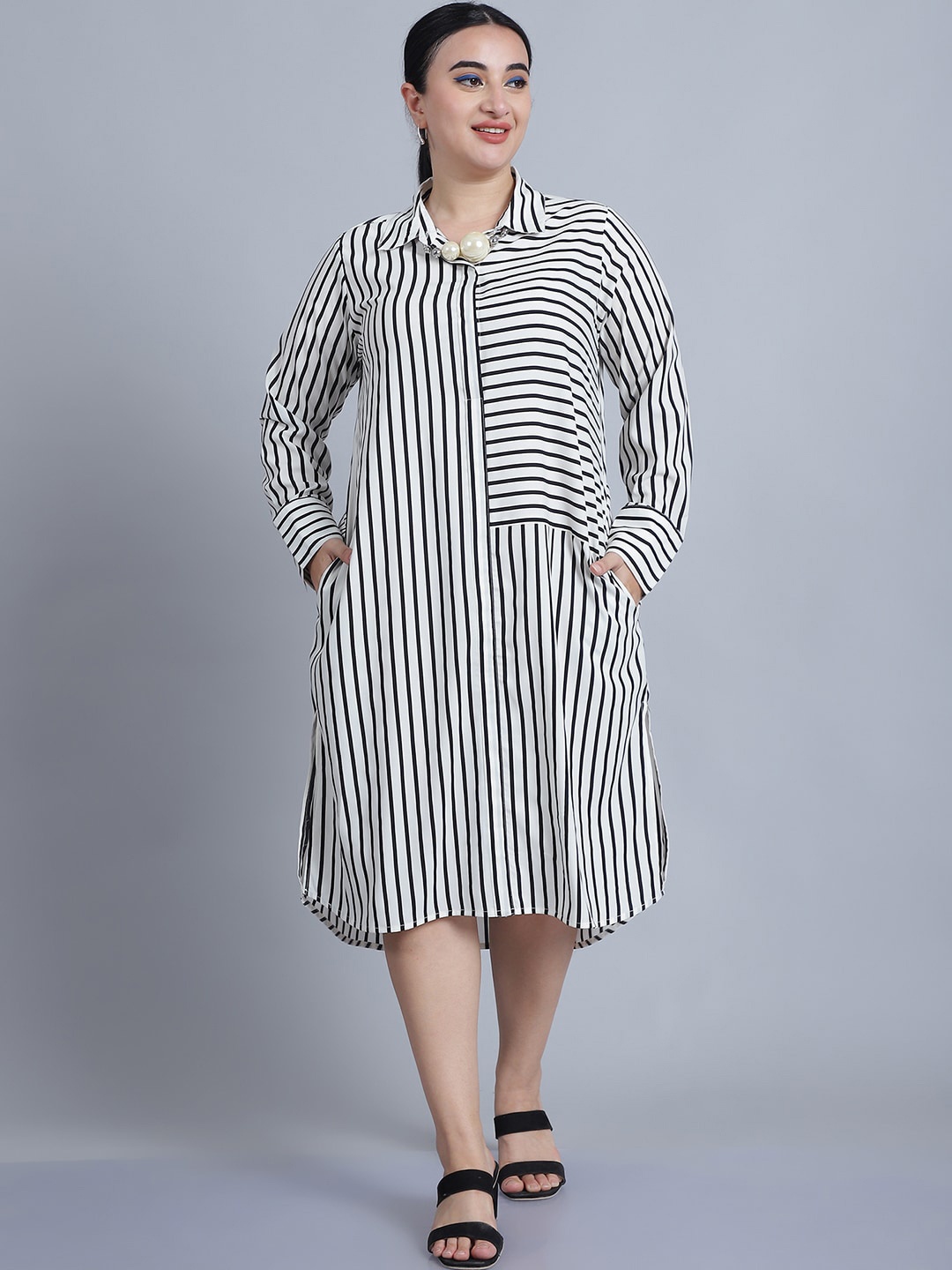 

Baawri Striped Shirt Collar Long Sleeves Midi Dress, White