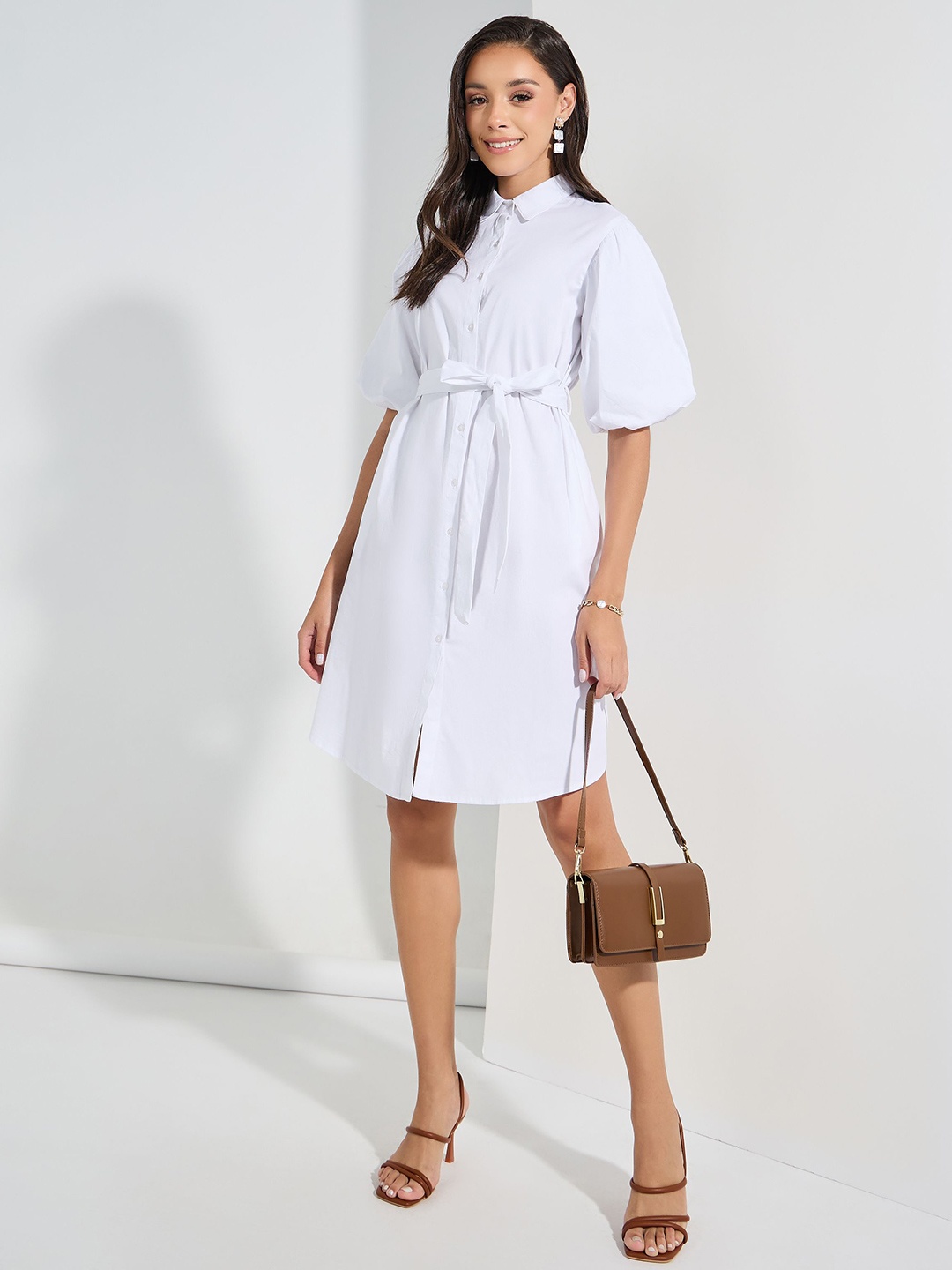 Styli White Puff Sleeves Pure Cotton Shirt Dress With Belt