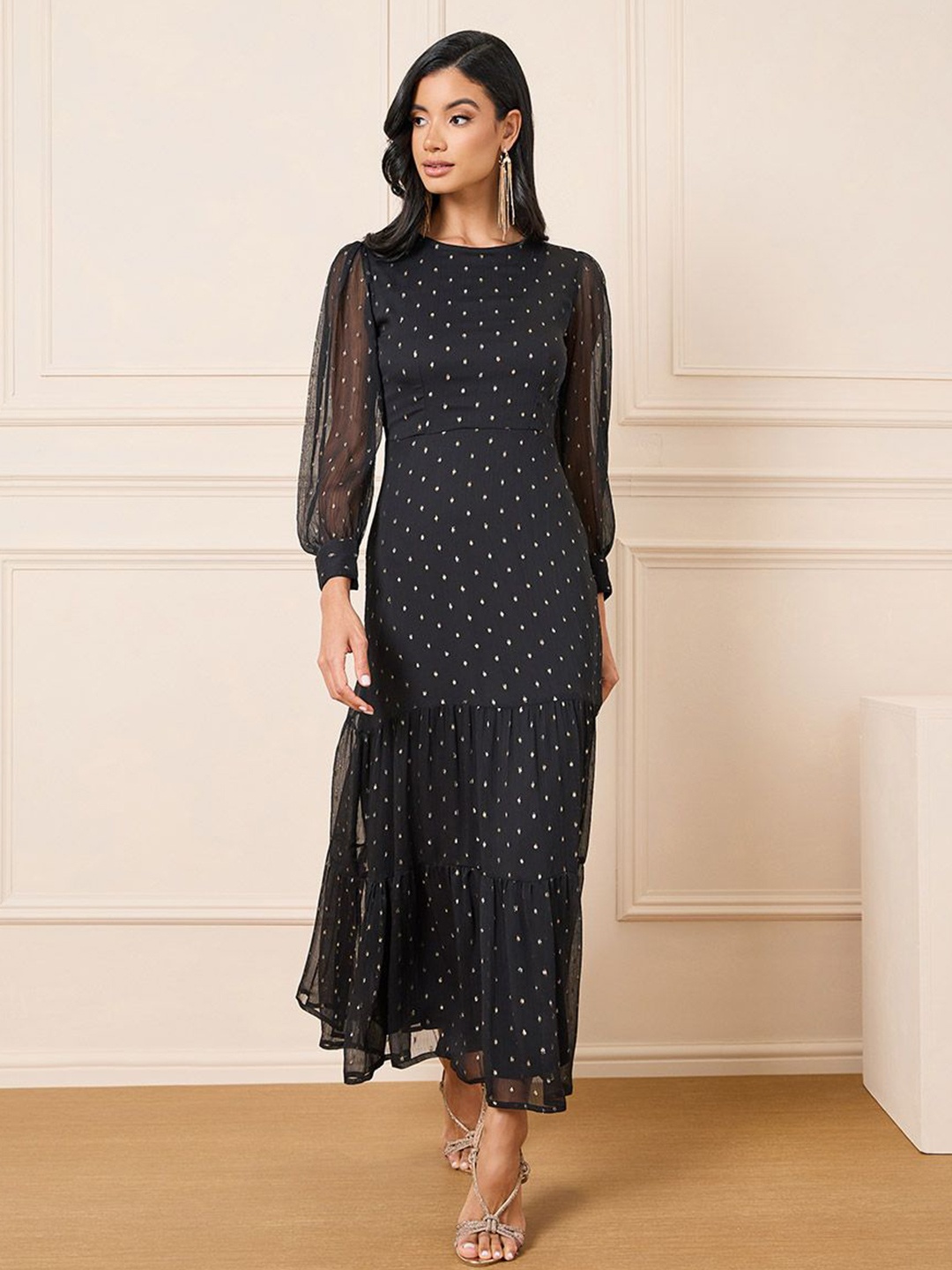 

Styli Black Swiss Dobby Mesh Puff Sleeves Tiered Maxi Dress