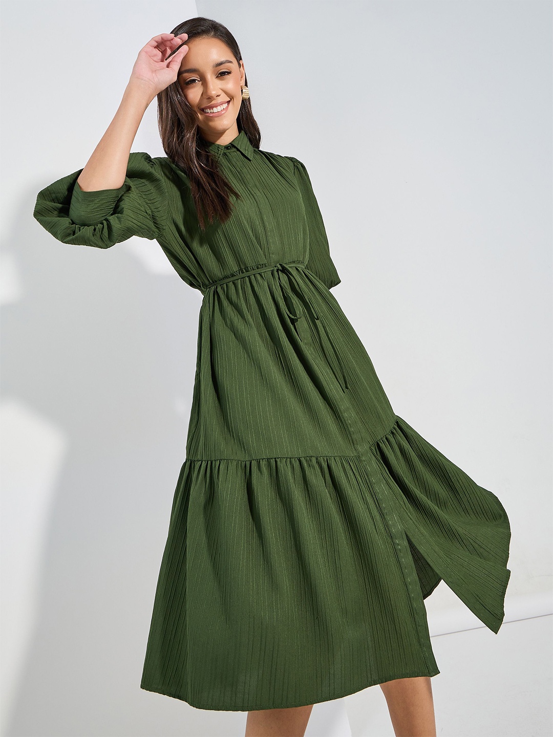 

Styli Green Self Design Puff Sleeves Tiered Shirt Dress With Belt