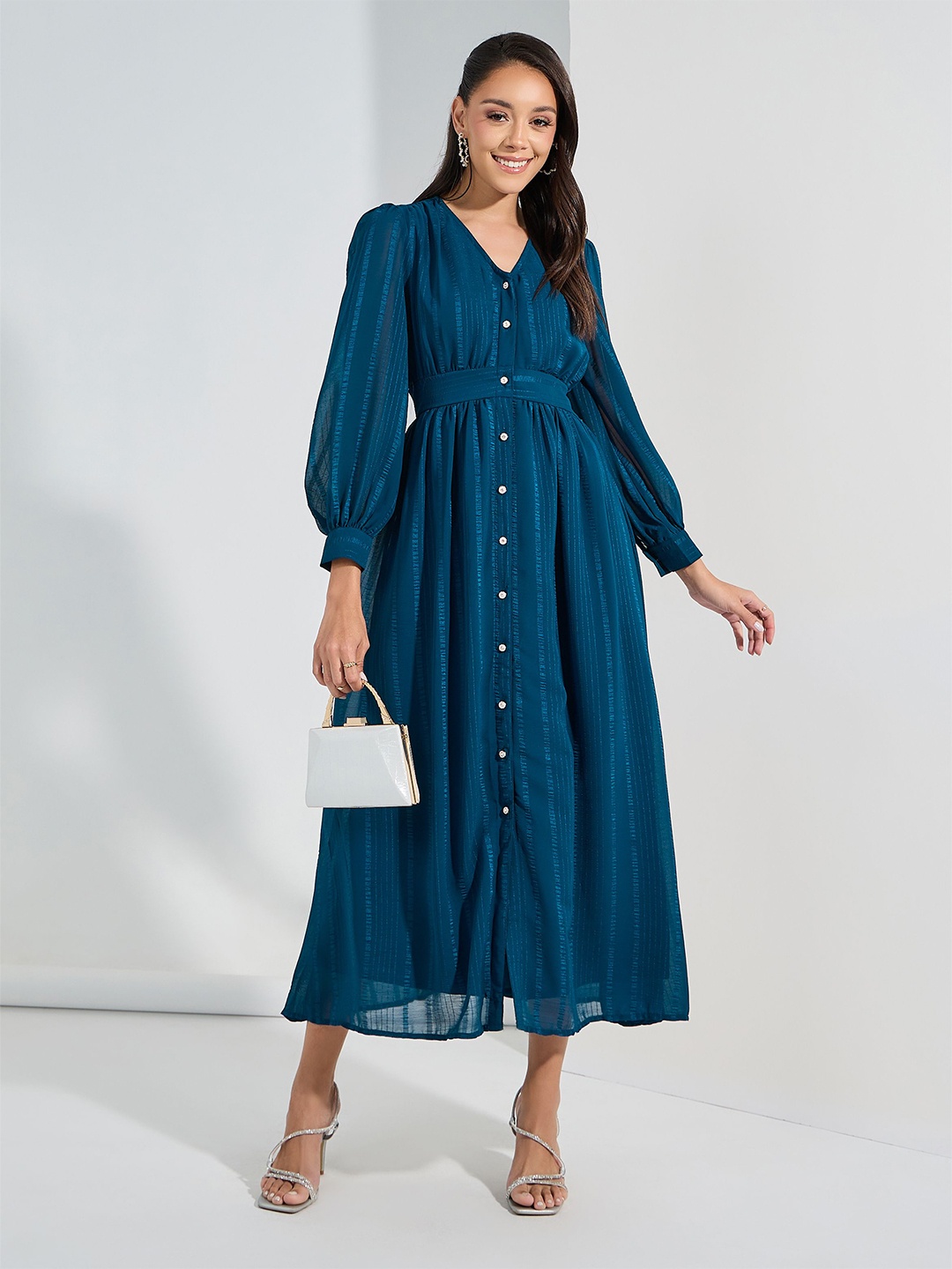 

Styli Teal Blue Self Design V-Neck Cuffed Sleeves Gathered A-Line Maxi Dress